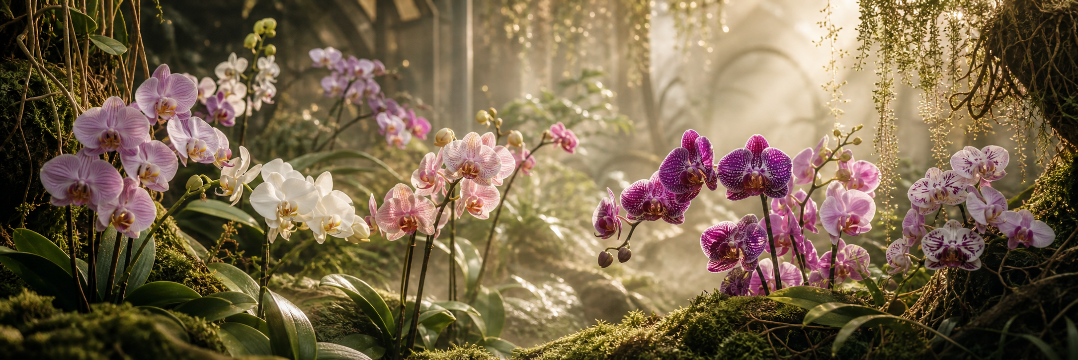 Orquídeas de distintos colores en un jardín botánico iluminado
